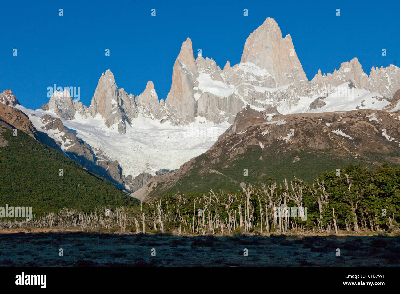 South America, Patagonia, Argentina, El Chalten, mountain, Fitz Roy, river, flow, Rio Blanco, summit, peak, peaks, nature Stock Photo