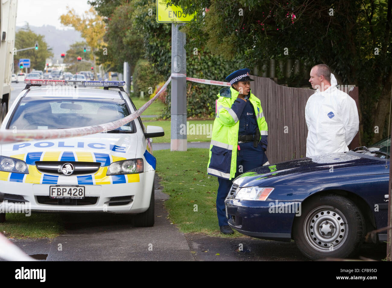 Police at the scene where a body was found, Lincoln Road, Auckland, New Zealand Stock Photo