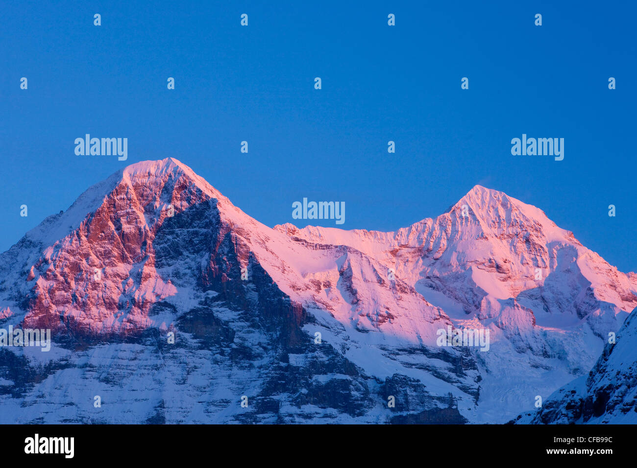 Canton Bern, Bernese Oberland, Switzerland, Europe, mountain, mountains, Eiger, monk, Mönch, afterglow, in, evening, winter, sno Stock Photo