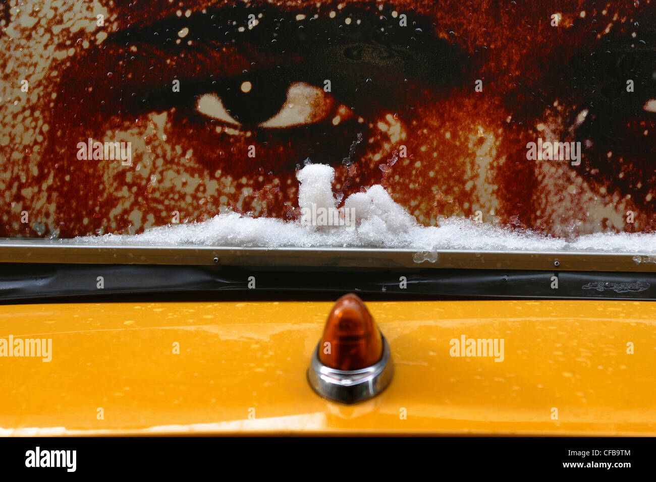Taxi with face on window blind Times square, New York City, USA Stock Photo