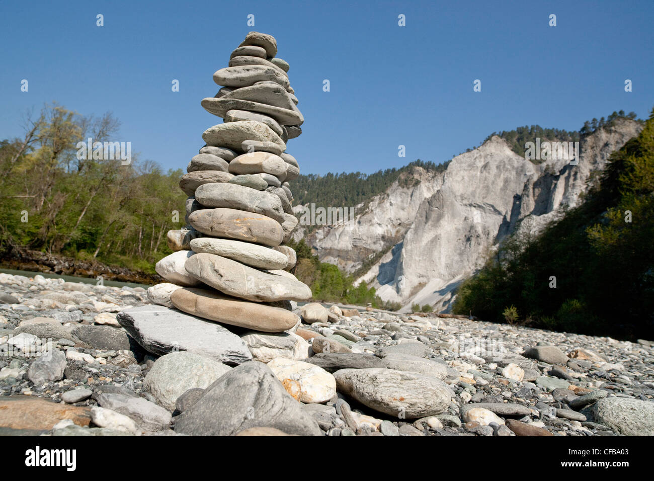 River, Flow, brook, water, gulch, canton, Graubünden, Grisons, Switzerland, Europe, Rhine, brook bed, stones, stone tower, Versa Stock Photo