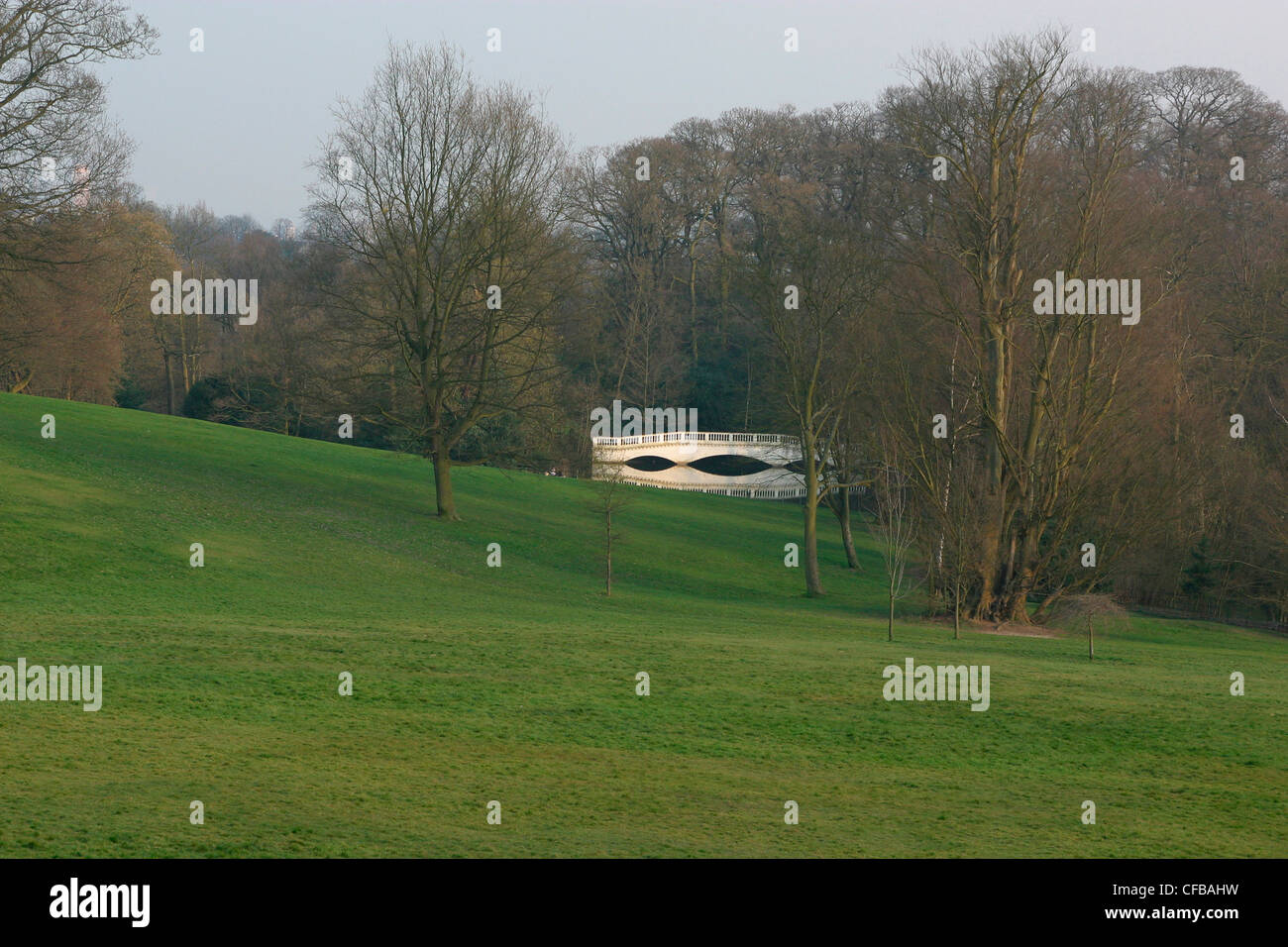 Kenwood, Hampstead Heath, North London: white bridge forms part of the garden landscape, London, UK. Stock Photo
