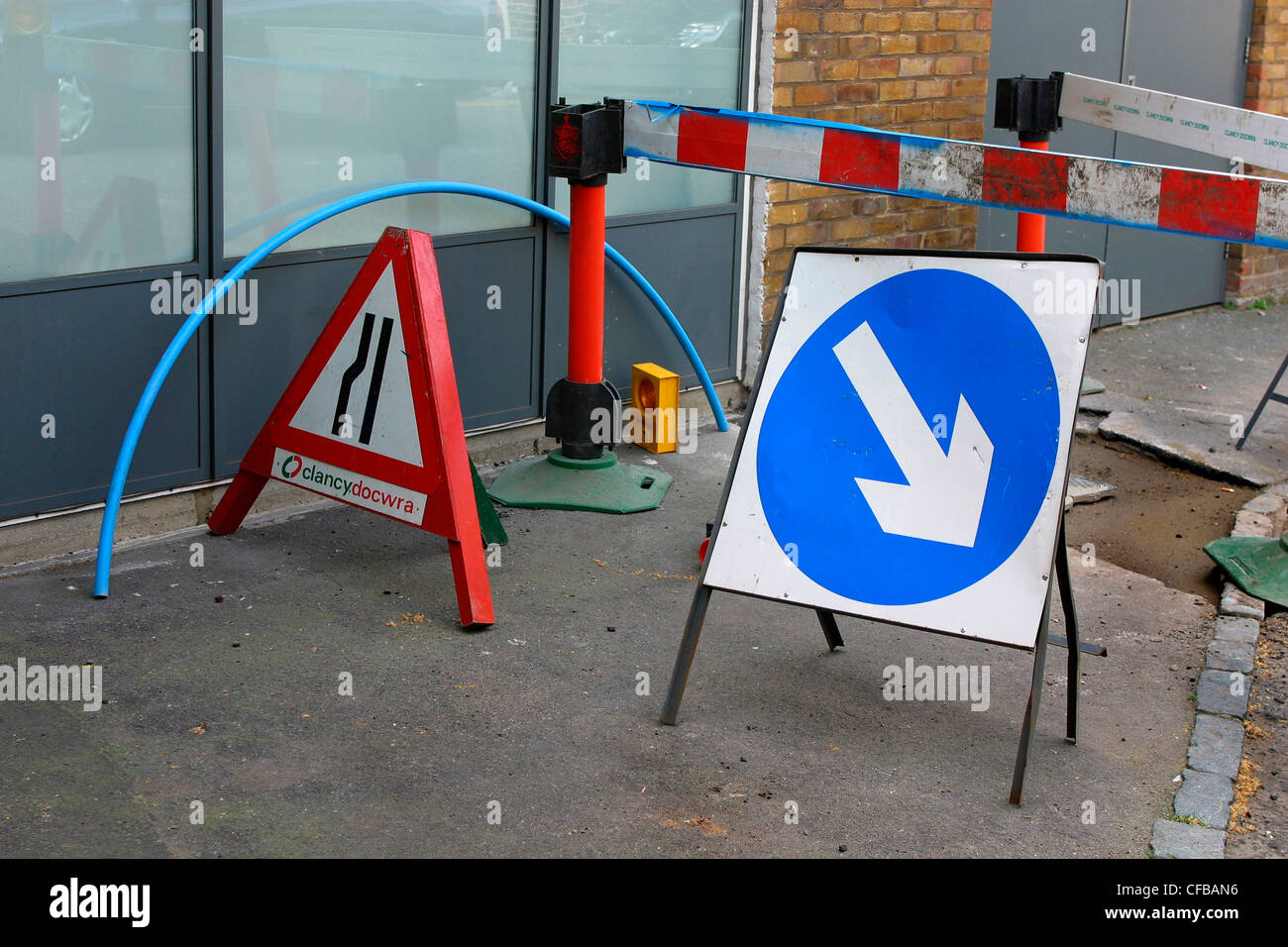Road works blocking pedestrian path, London, UK. Stock Photo