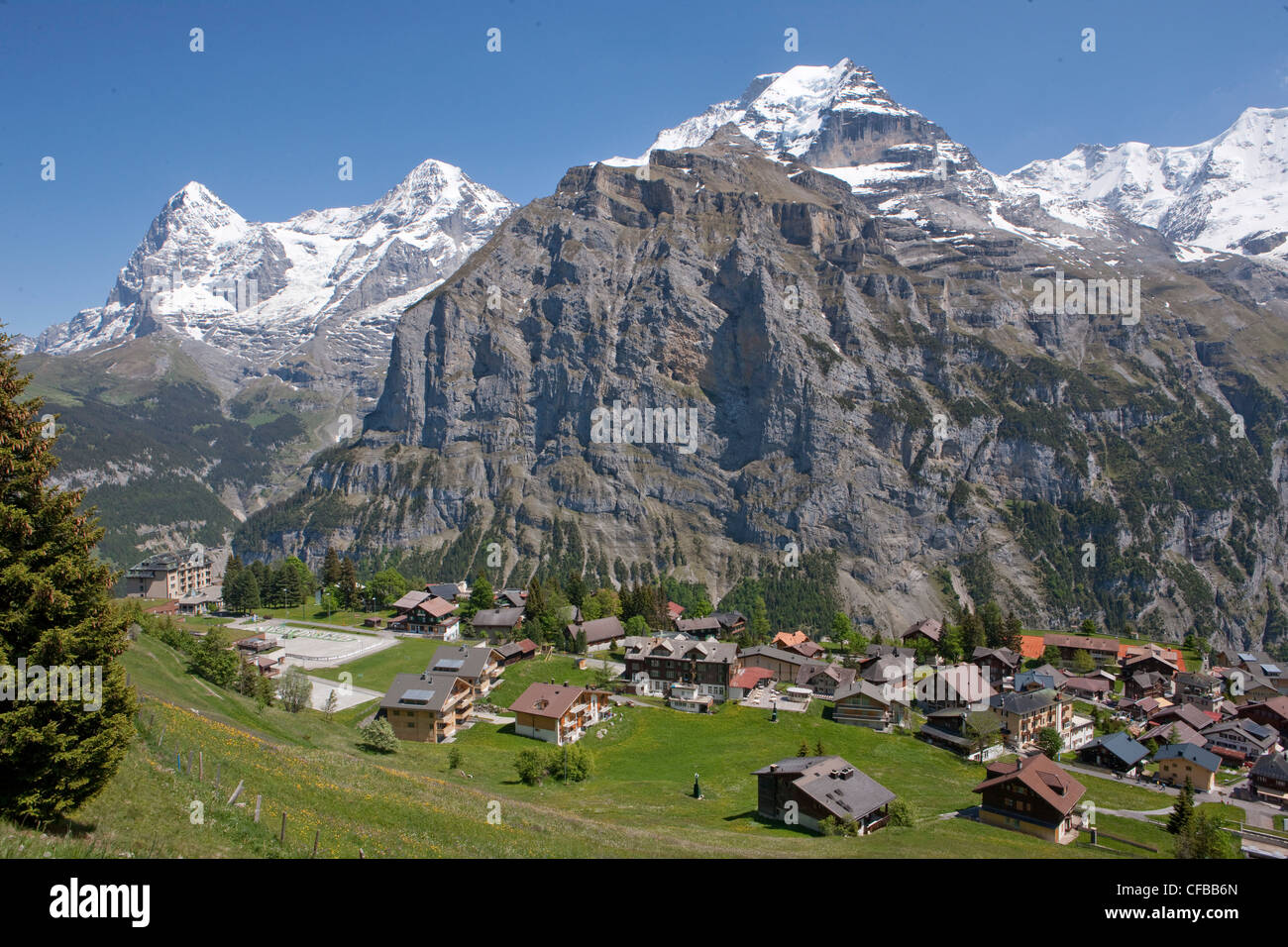 Mountain, mountains, village, canton Bern, Bernese Alps, Switzerland, Europe, Bernese Oberland, Jungfrau, Alps, monk, Mönch, Eig Stock Photo