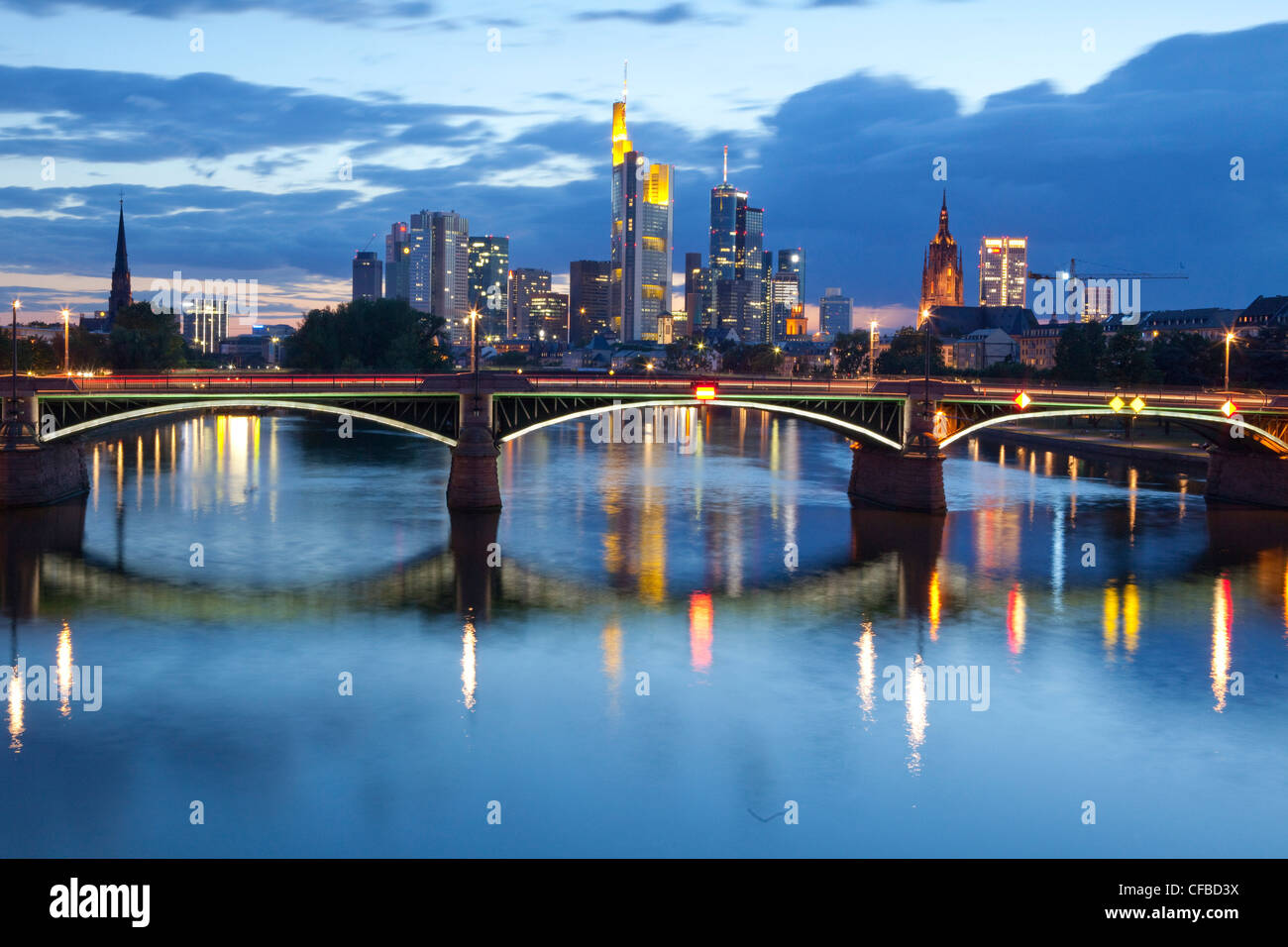 Town, City, Germany, Frankfurt am Main, Hessen, Frankfurt, Main river, flow, water, building, construction, Skyline, bridge, eve Stock Photo
