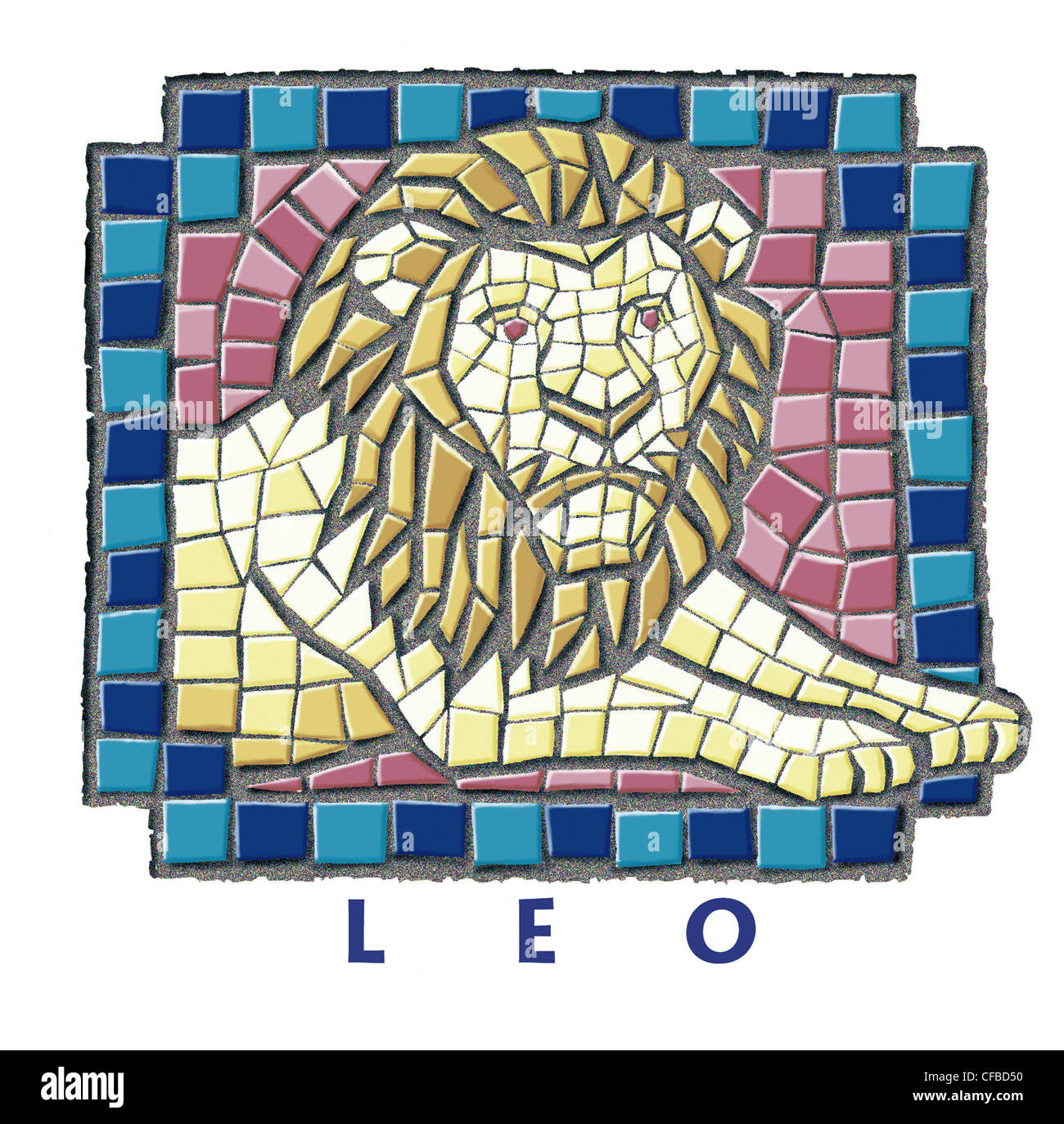 Star sign Leo Mosaic illustration of golden lion sitting down against pink background blue border zodiac sign written in blue Stock Photo