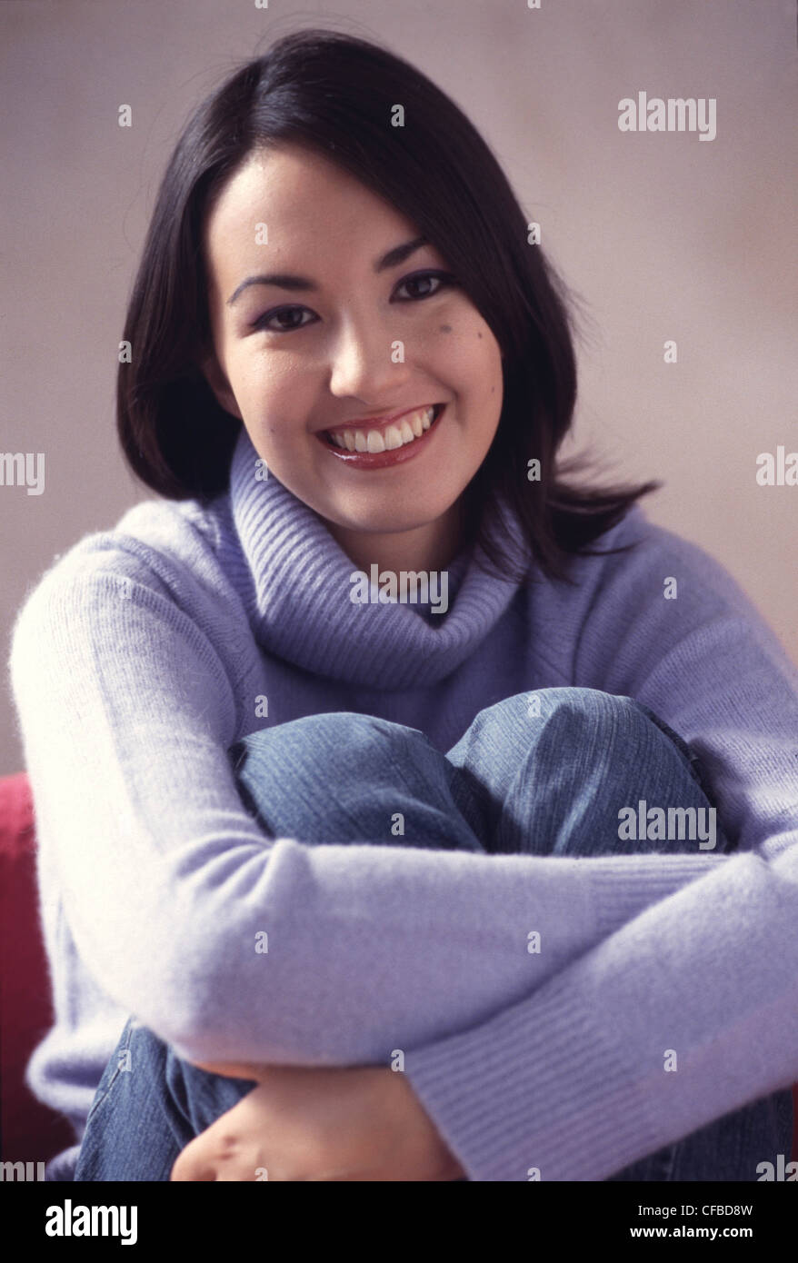 Female Shoulder Length Straight Black Hair Framing Face Wearing
