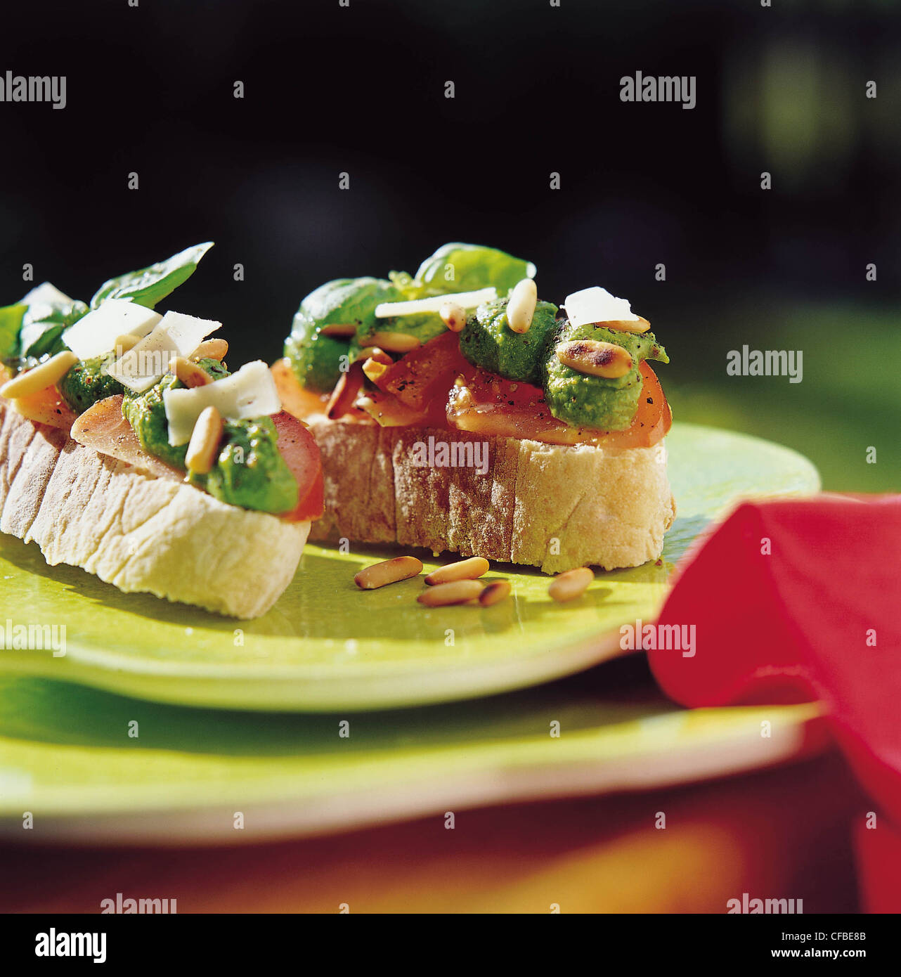 "Exotic flavours" Thai pesto served on thick sliced bread with tomatoes, parmesan cheese and