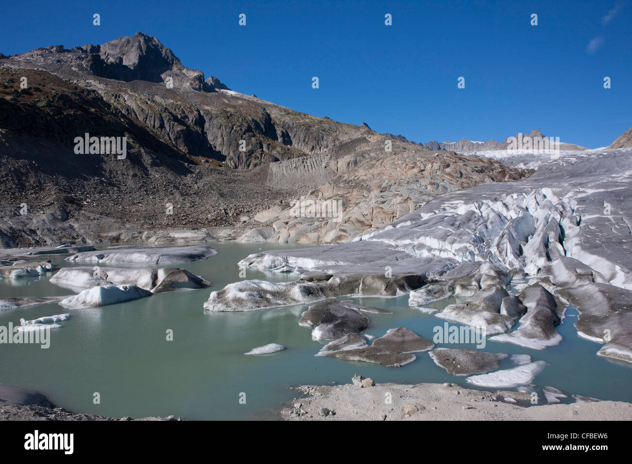 Mountain lake, glacier, ice, moraine, water, Valais, Wallis, Switzerland, Europe, ice, mountain lake, Rhone glacier, nature Stock Photo