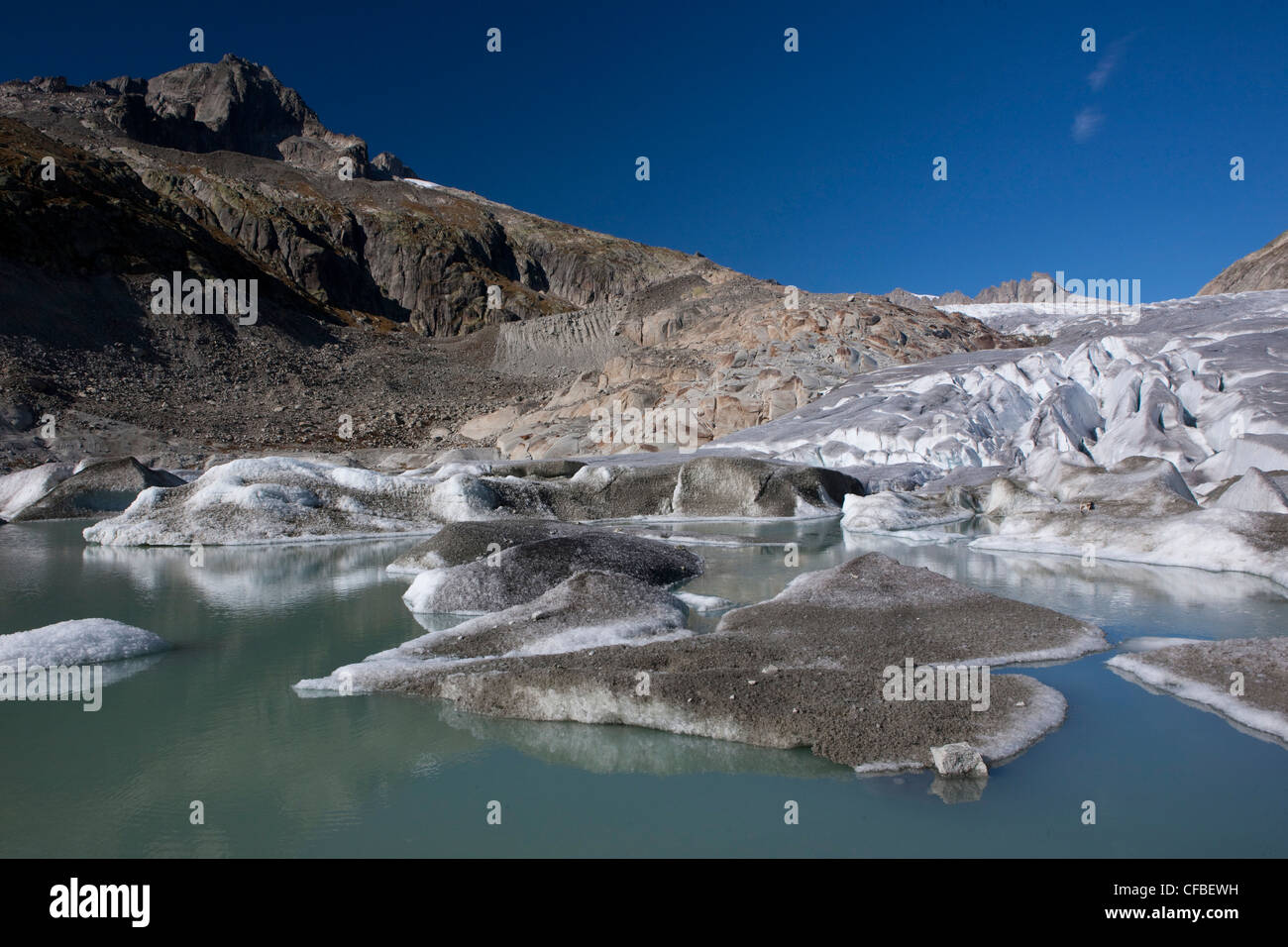 Mountain lake, glacier, ice, moraine, water, Valais, Wallis, Switzerland, Europe, ice, mountain lake, Rhone glacier, nature Stock Photo