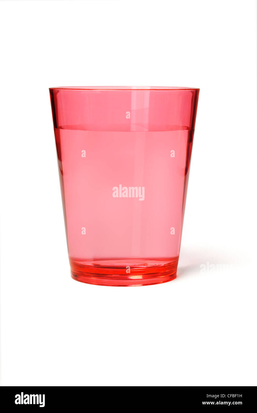 Red Plastic Cup of Water on White Background Stock Photo