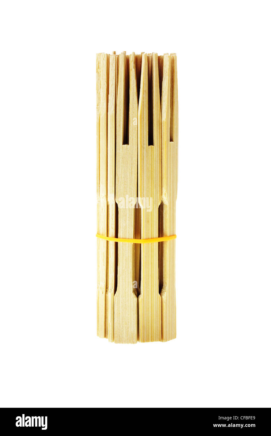 Bunch of Disposable Bamboo Skewers on White Background Stock Photo