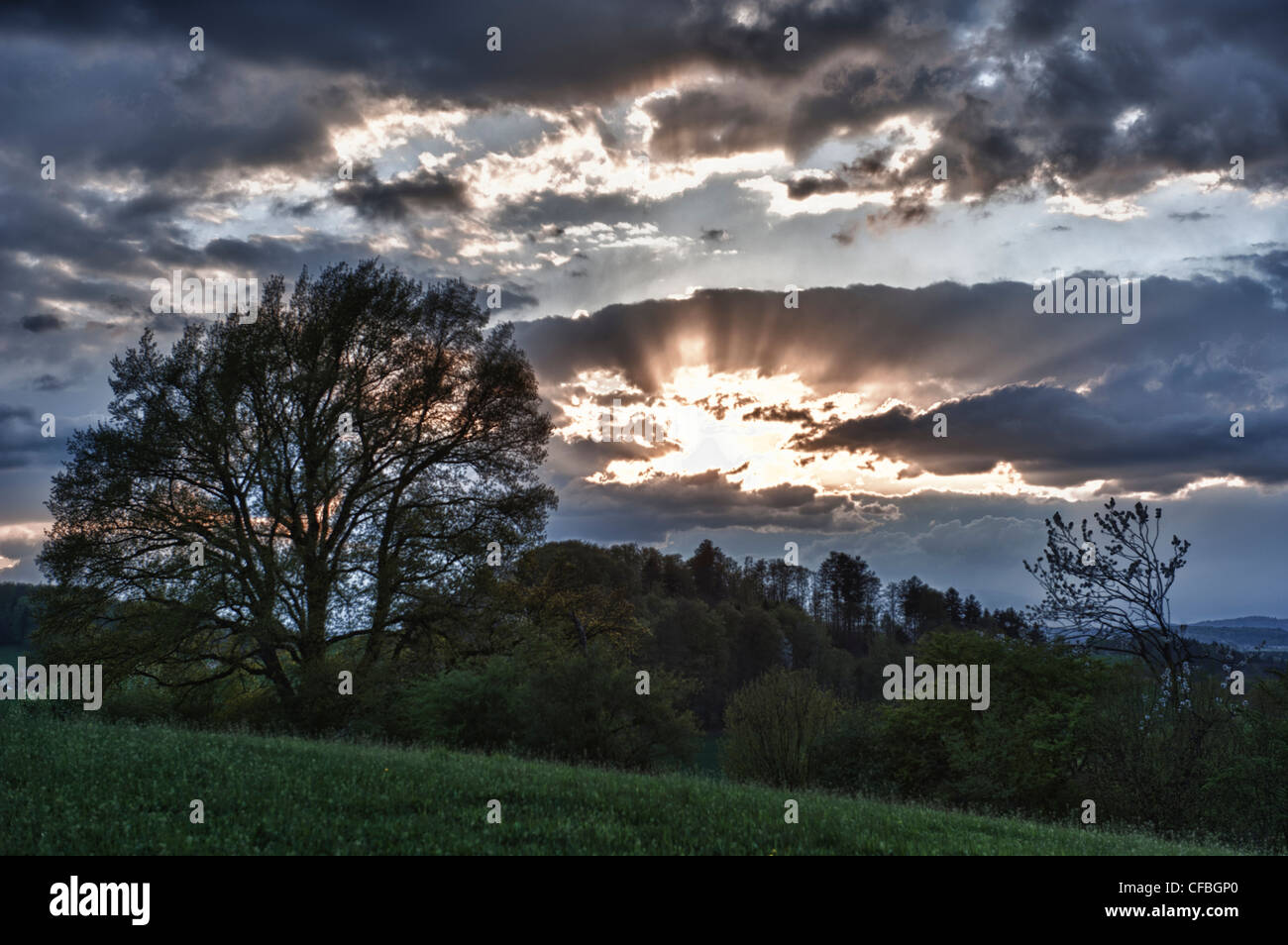 evening sky, sunset sky, evening mood, Burgdorf, sky, canton Bern, landscape, scnenery, plateau, Switzerland, sunset, sundown, c Stock Photo