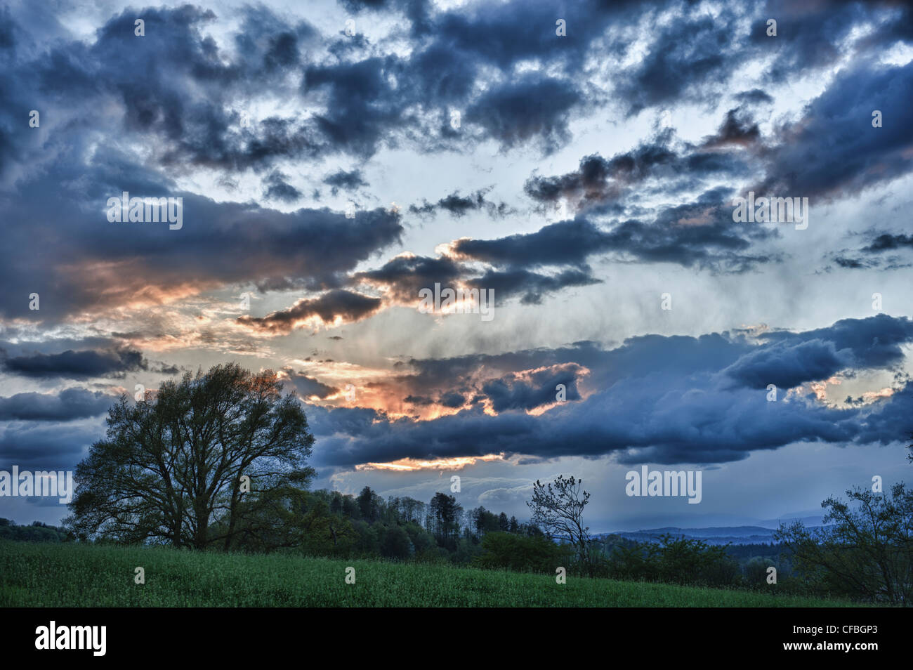 evening sky, sunset sky, evening mood, plateau, Burgdorf, sky, canton Bern, landscape, scnenery, Switzerland, sunset, sundown, c Stock Photo