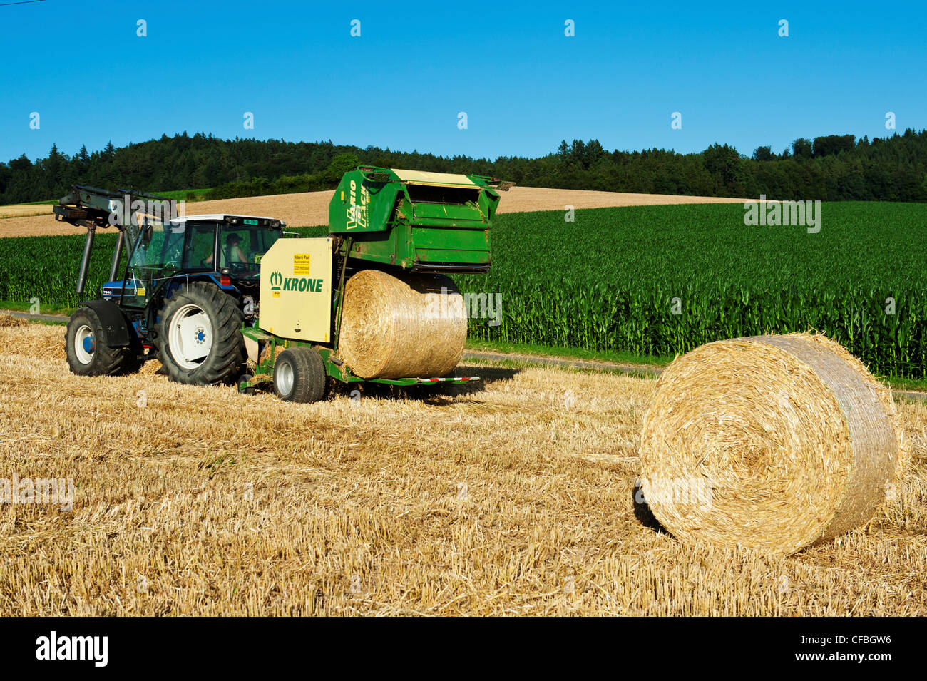 field, harvest, crop, field, cereal, corn, Hindelbank, canton Bern, agriculture, farming, round bale, Switzerland, stubble field Stock Photo