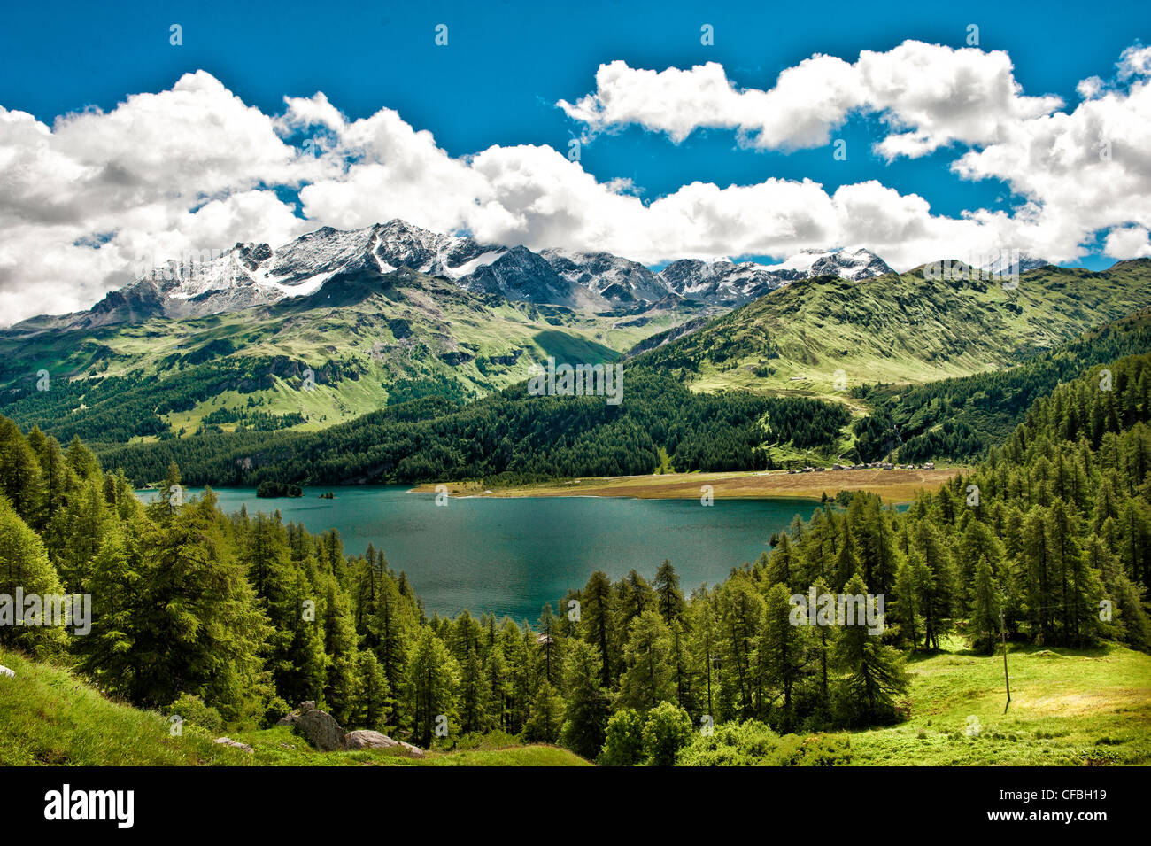Alps, mountainscape, Engadine, Upper Engadine, sky, canton Graubünden, Grisons, cultural landscape, landscape, mountain scenery, Stock Photo