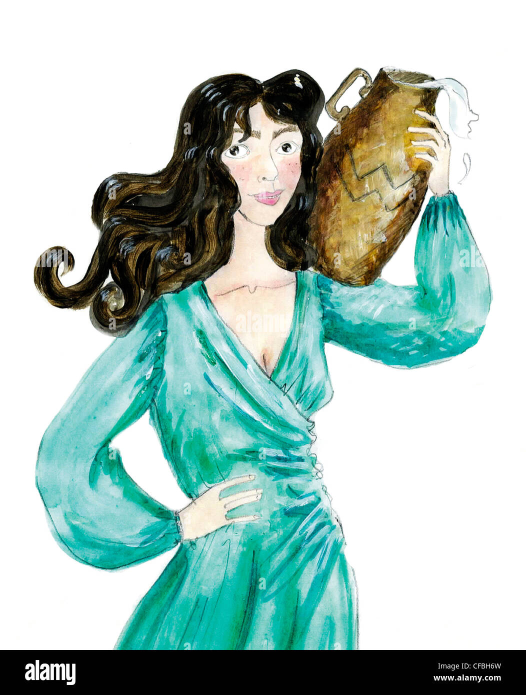 Horoscopes Aquarius: painting of female long wavy black hair, wearing a green wrap around dress a water urn on her shoulder Stock Photo