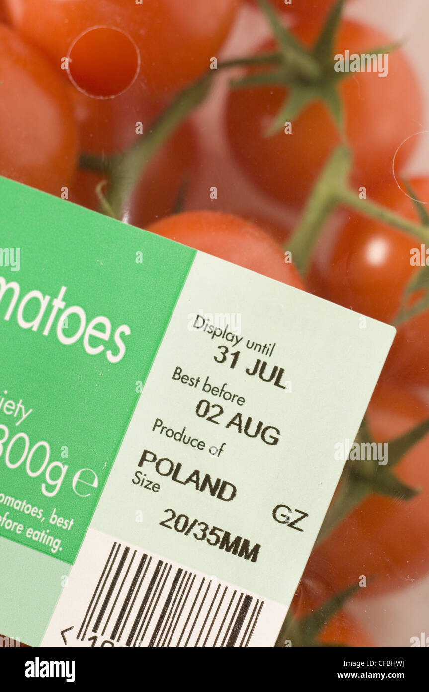 Foreign Vegetables Packaged red tomatoes with label showing expiry