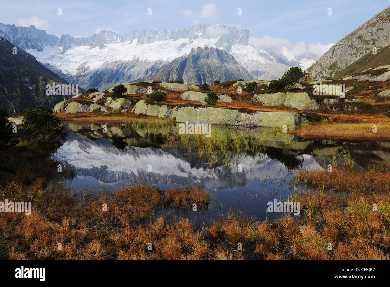 Mountain lake, Switzerland, Uri, Alps, mountains, glaciers, Göscheneralp, Göscheneralpsee, autumn, water, lake, dam, flowers, mo Stock Photo