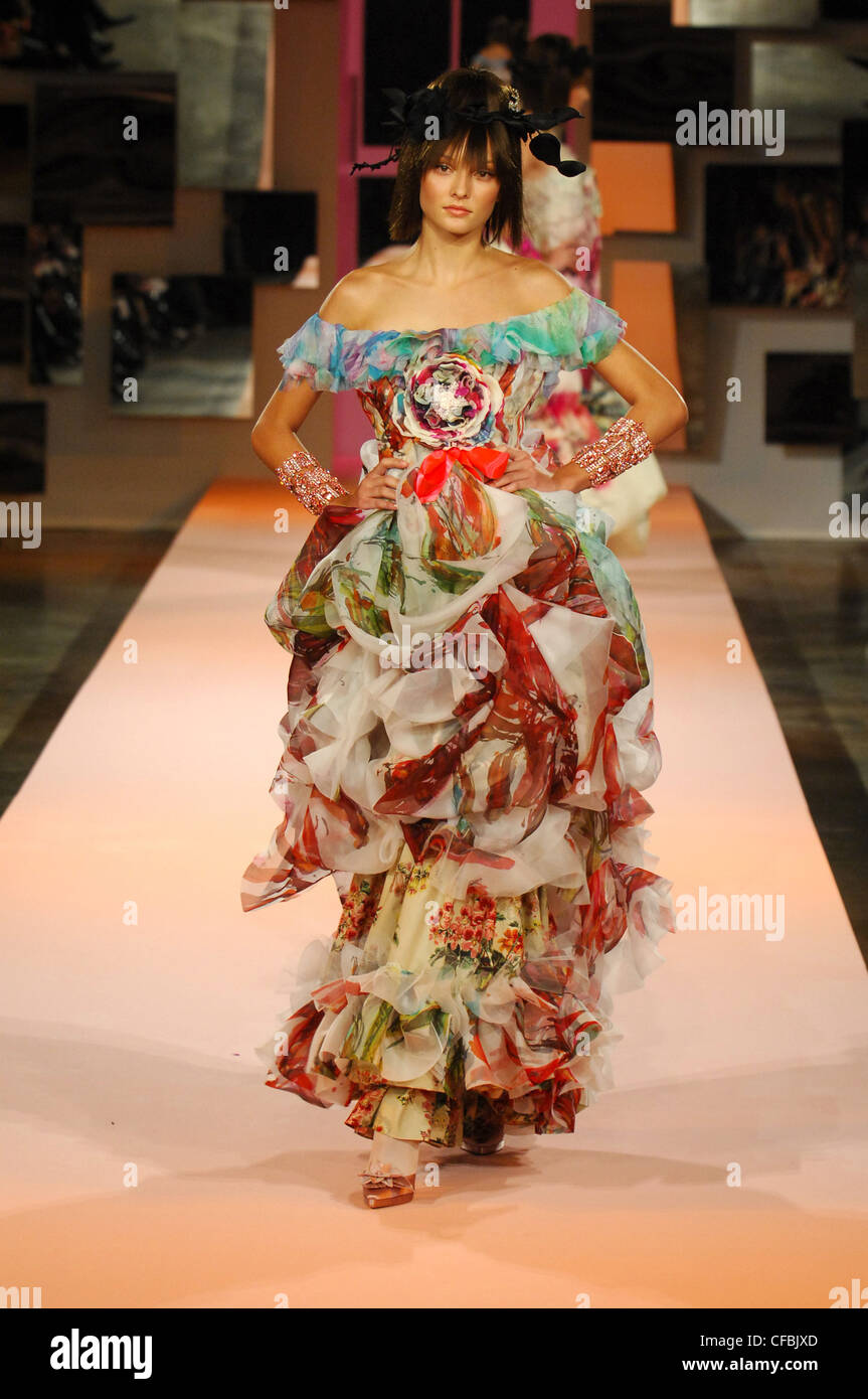 Christian Lacroix Paris Haute Couture Spring Summer Multi coloured off the  shoulder floral patterned fold gown frilly neckline Stock Photo - Alamy