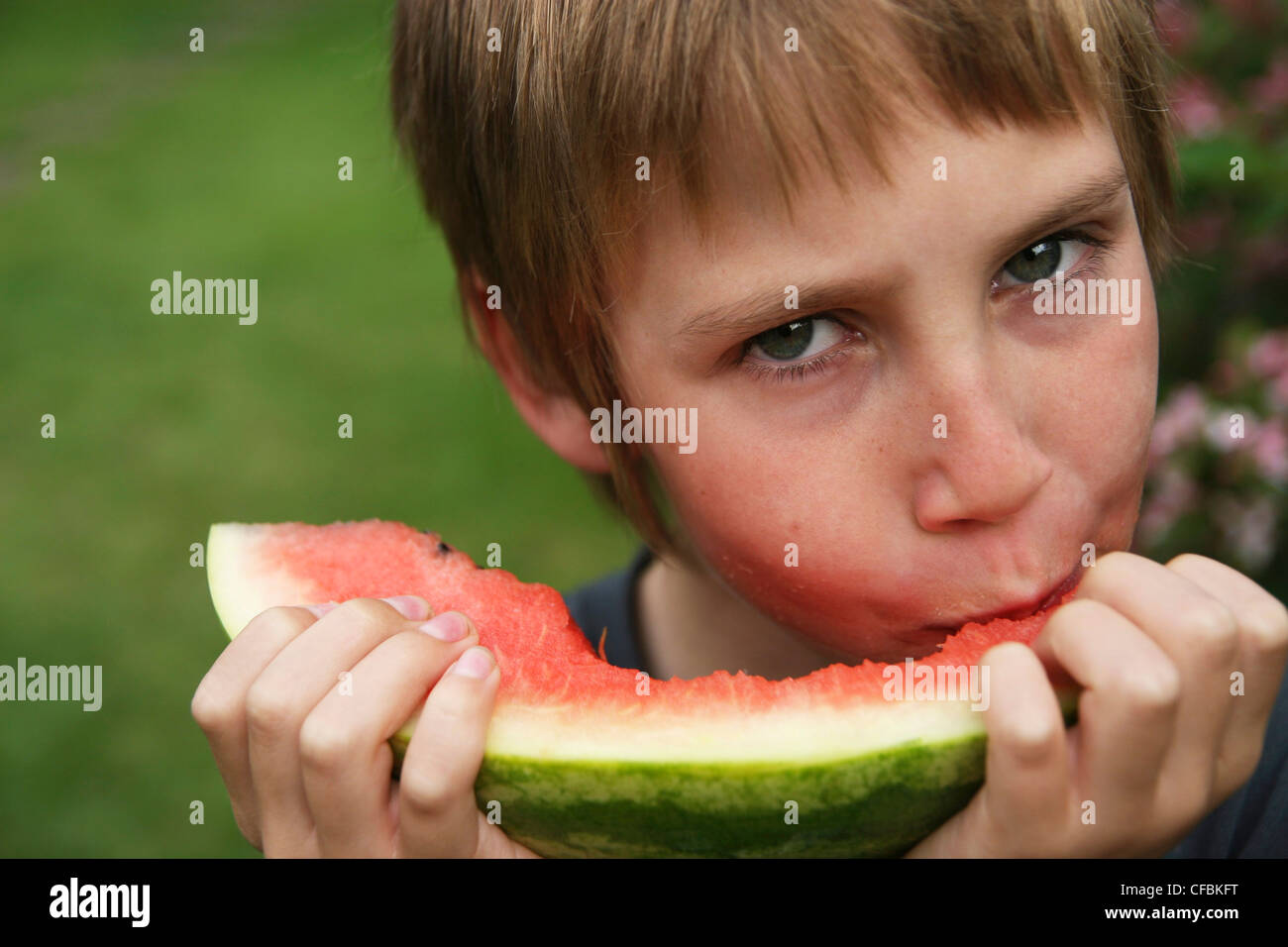 Male Child With Blonde Hair Wearing Black T Shirt Eating Large