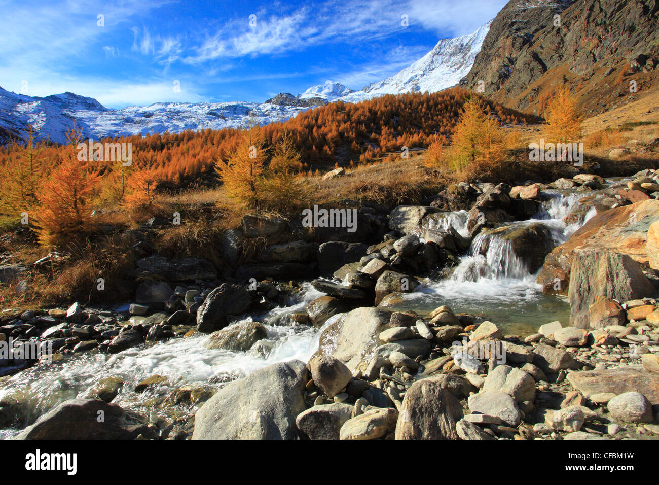 Alphubel, riverbed, autumn, colors, larch, larches, larch wood, Saas Fee, valley of Saas, sunshine, valley, Valais, Switzerland, Stock Photo