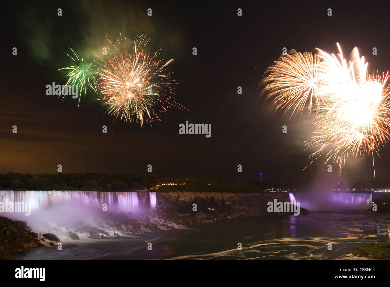 The American Falls and Horseshoe Falls lit up at night with fireworks
