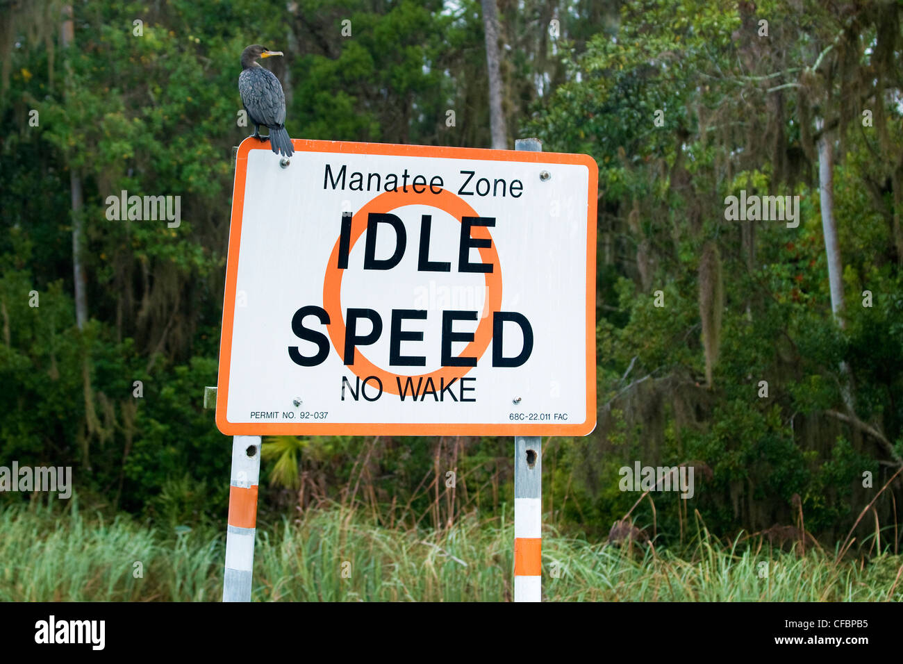 Manatee caution sign for boaters in the Crystal River Wildlife Refuge, Crystal River, Florida, U.S.A. Stock Photo