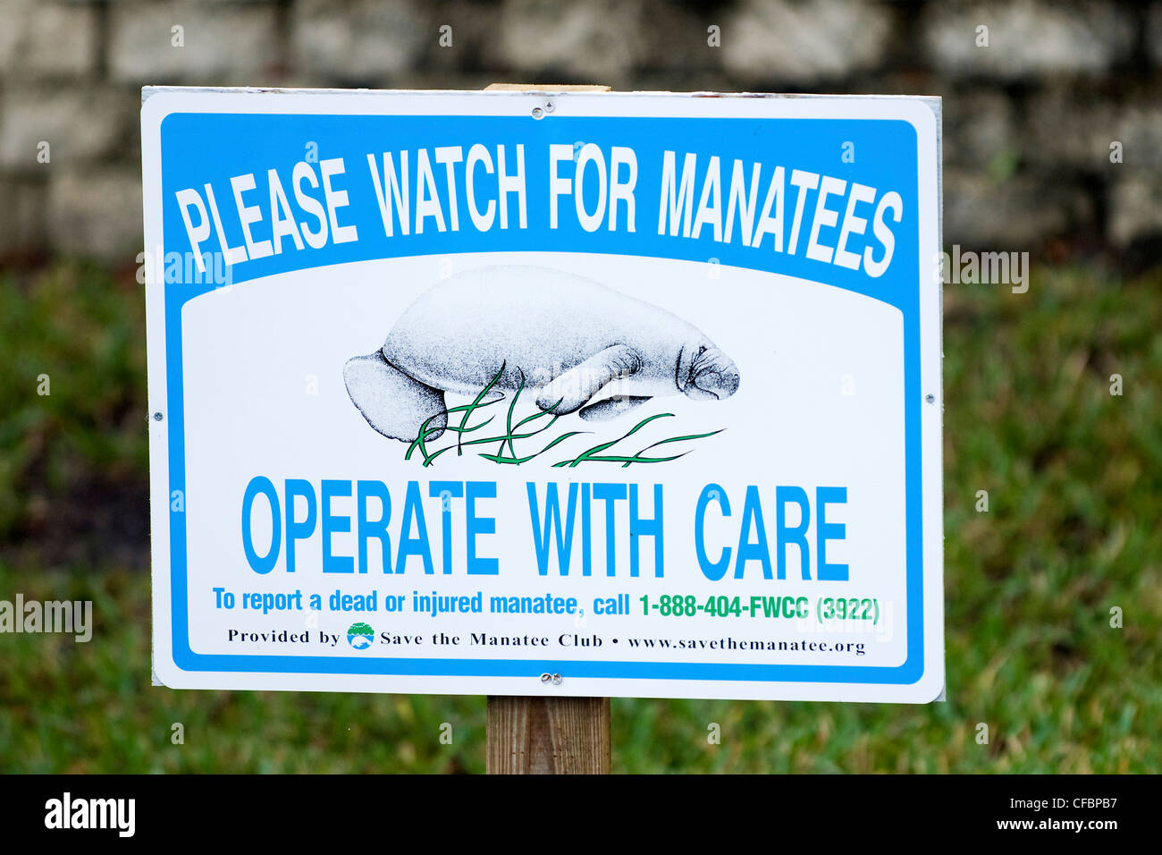Manatee caution sign for boaters in the Crystal River Wildlife Refuge, Crystal River, Florida, U.S.A. Stock Photo