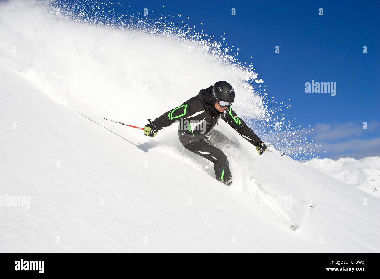 Freeriding, ski, skiing, Freeskiing, powder snow, Freeriding, man, skiing, powder snow slope, blue, sky, Alpine, powder snow, ri Stock Photo