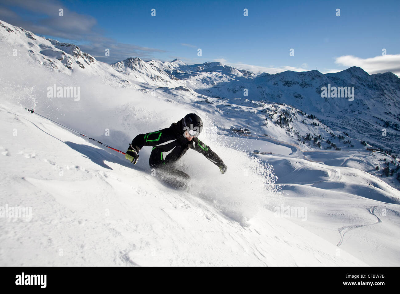 Freeriding, ski, skiing, Freeskiing, powder snow, man, powder snow slope, blue, sky, Alpine, risk, sport, extreme sport, Obertau Stock Photo