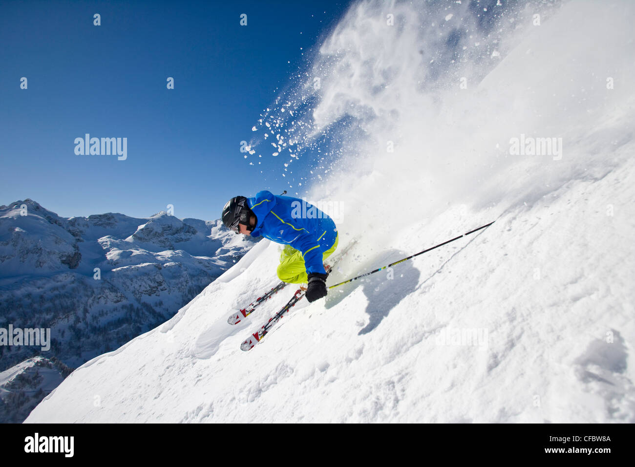 Freeriding, ski, skiing, Freeskiing, powder snow, Freeriding, man, go, powder snow slope, blue, sky, Alpine, powder snow, risk, Stock Photo