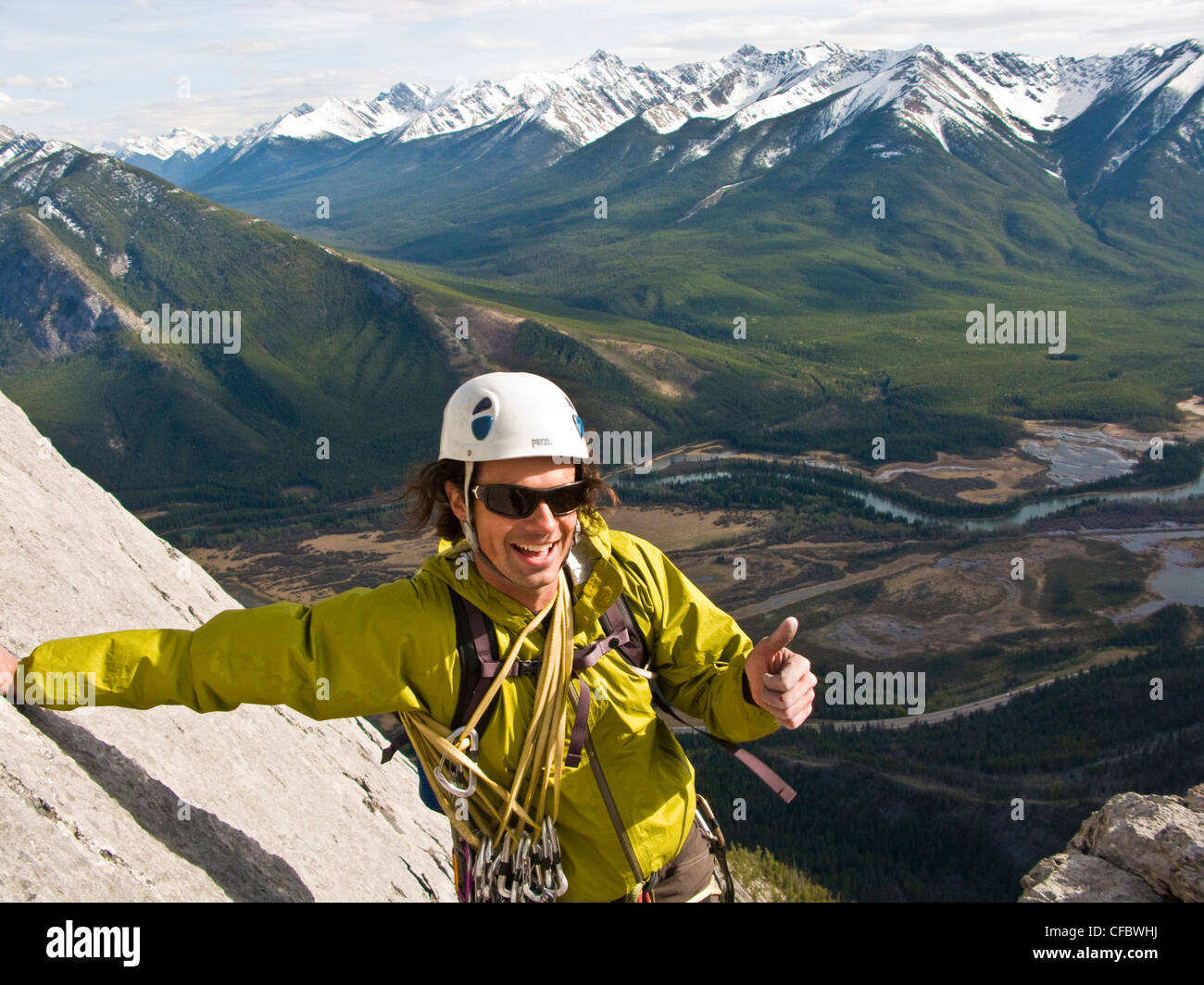 A man rock climbing, Escargot Corner 5.7 in Banff National Park
