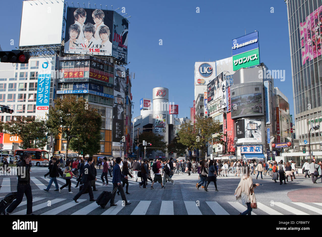 Japan, Asia, Tokyo, city, Shibuya, West Shibuya, Station, advertisement, blue, busy, colourful, crossing, crowd, people, shoppin Stock Photo