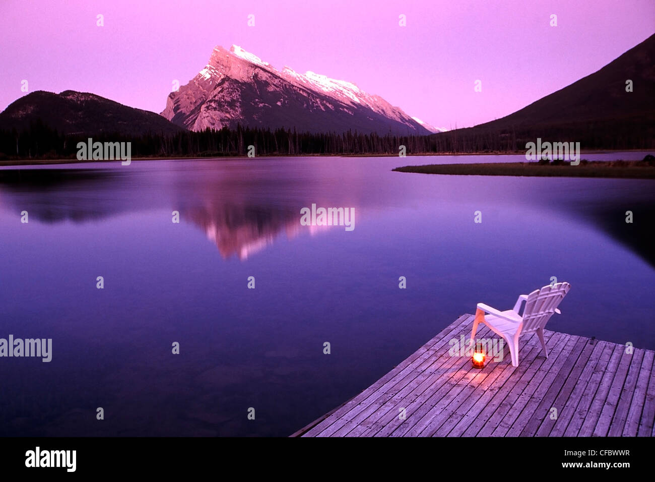 Banff Dock Deck chair on dock at Mount Rundle, Banff National Park, Alberta ...
