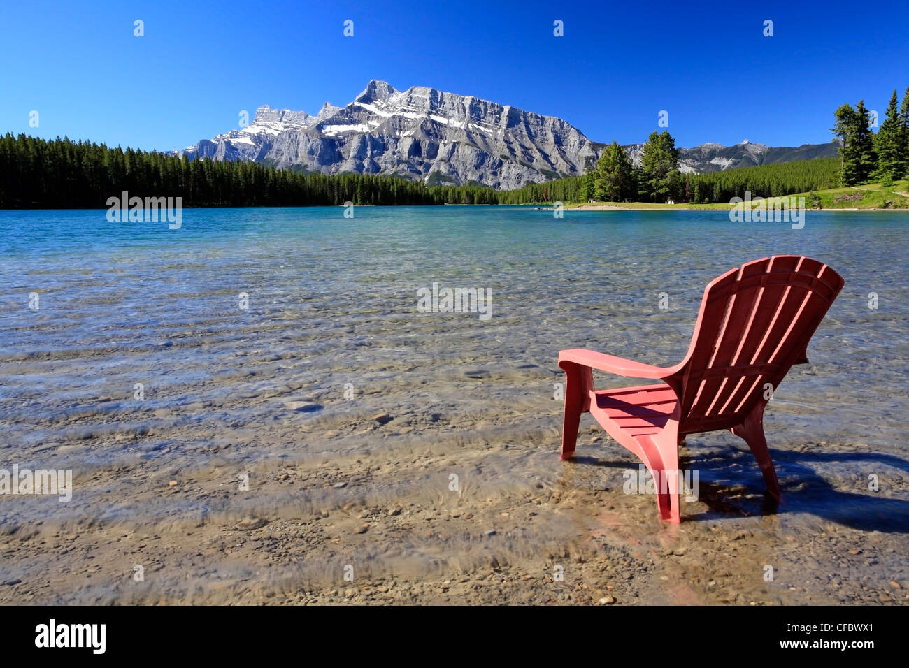 Deck chair at Two Jack Lake, Banff National Park, Alberta, Canada Stock