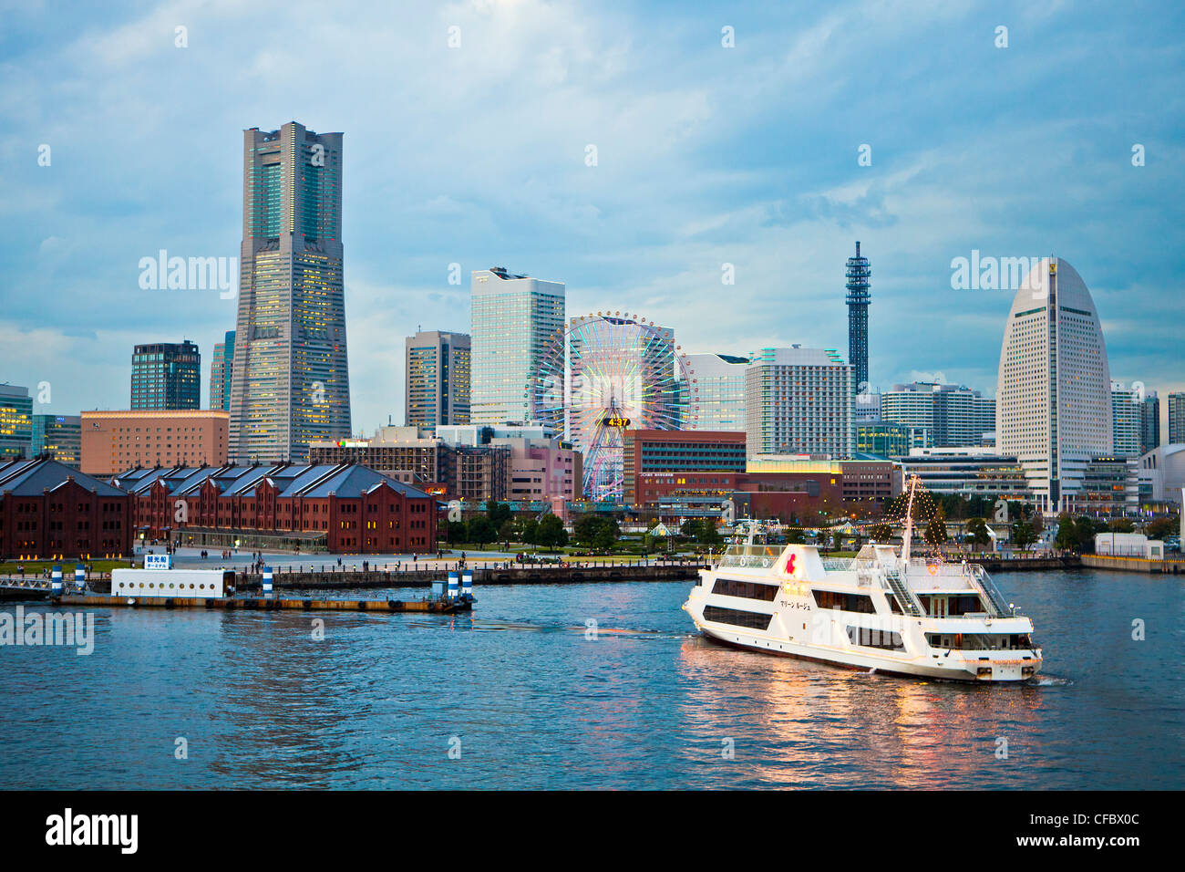 Japan, Asia, Yokohama, City, Skyline, Landmark, building, Ferries, Wheel, architecture, boat, lights, skyline, Stock Photo