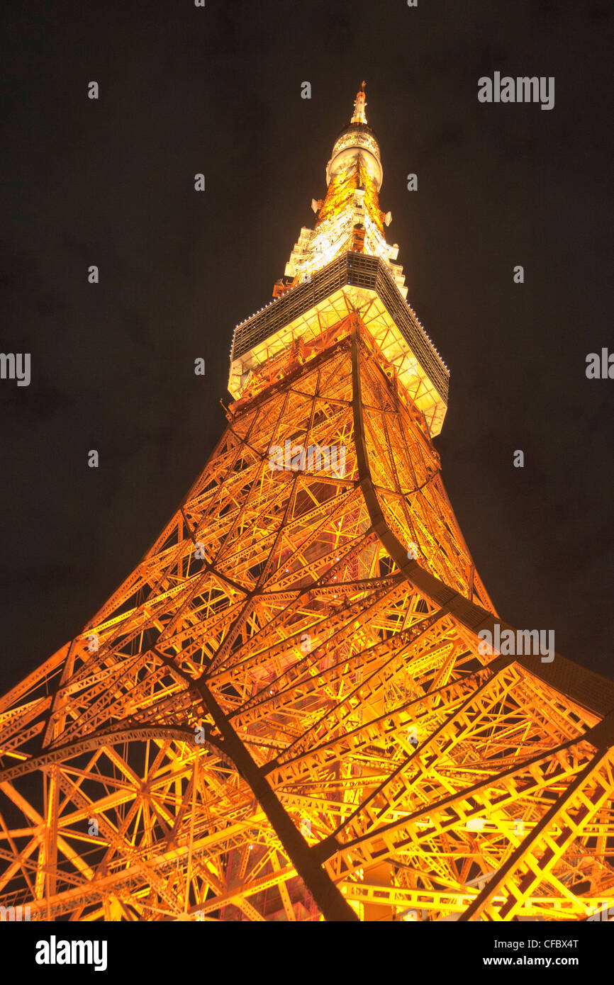 Japan, Asia, Tokyo, city, Tokyo Tower, architecture, illumination, iron, red, steel, tower, night Stock Photo