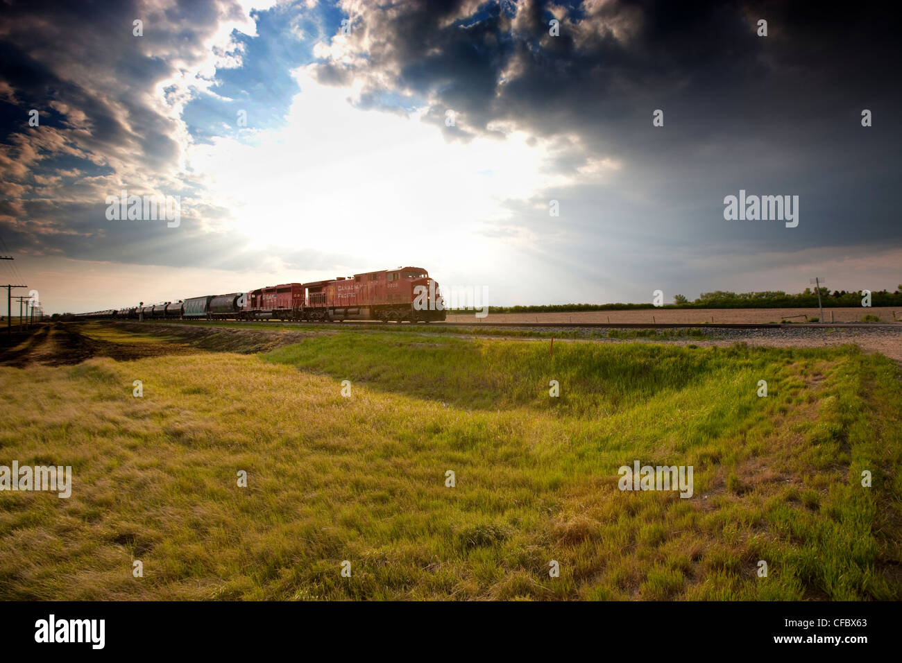 Train crossing Prairie near Morse, Saskatchewan, Canada. Stock Photo