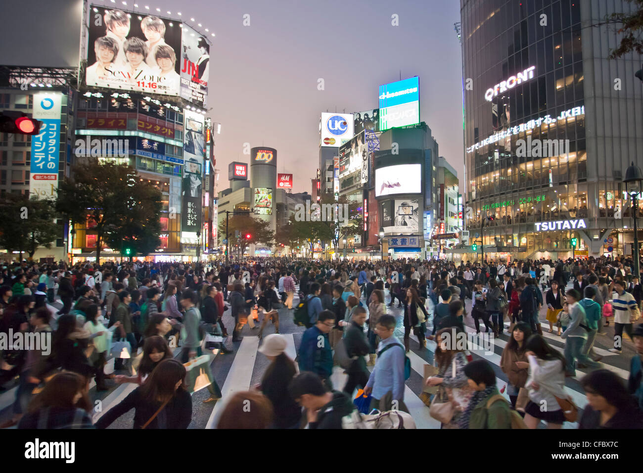 Japan, Asia, Tokyo, city, Shibuya, District, Station, West, advertisement, busy, cars, colourful, commercial, crossing, crowd, f Stock Photo
