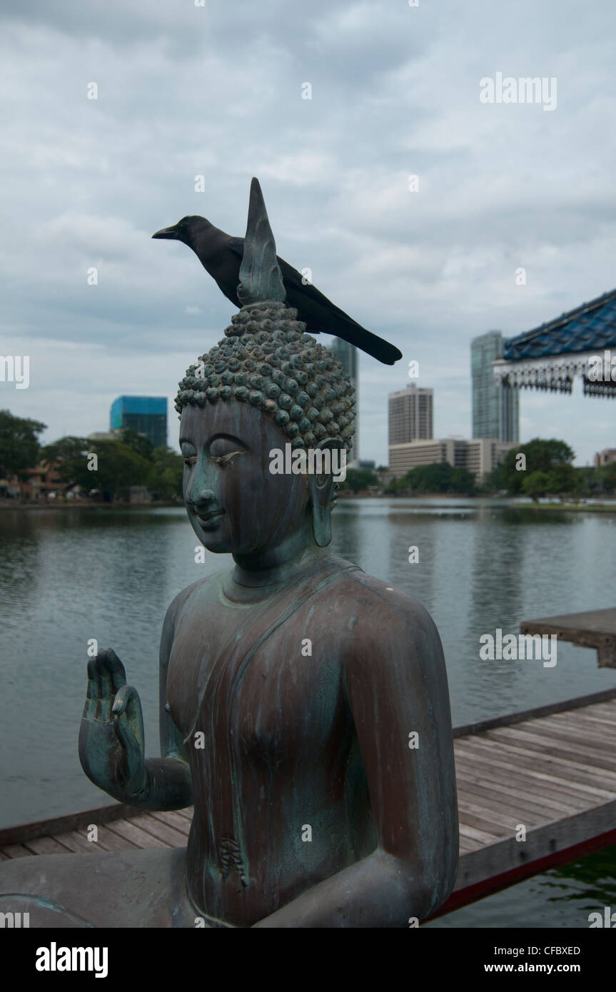Brahmin Buddhist statue with bird at the Seema Malakaya Meditation temple in Colombo, Sri Lanka Stock Photo