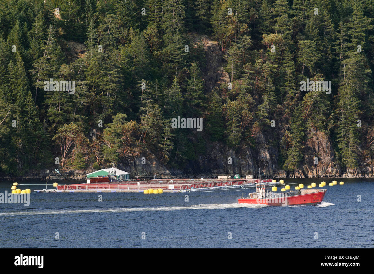 A fishing boat passes a fish farm on the Sunshine Coast, BC Stock Photo