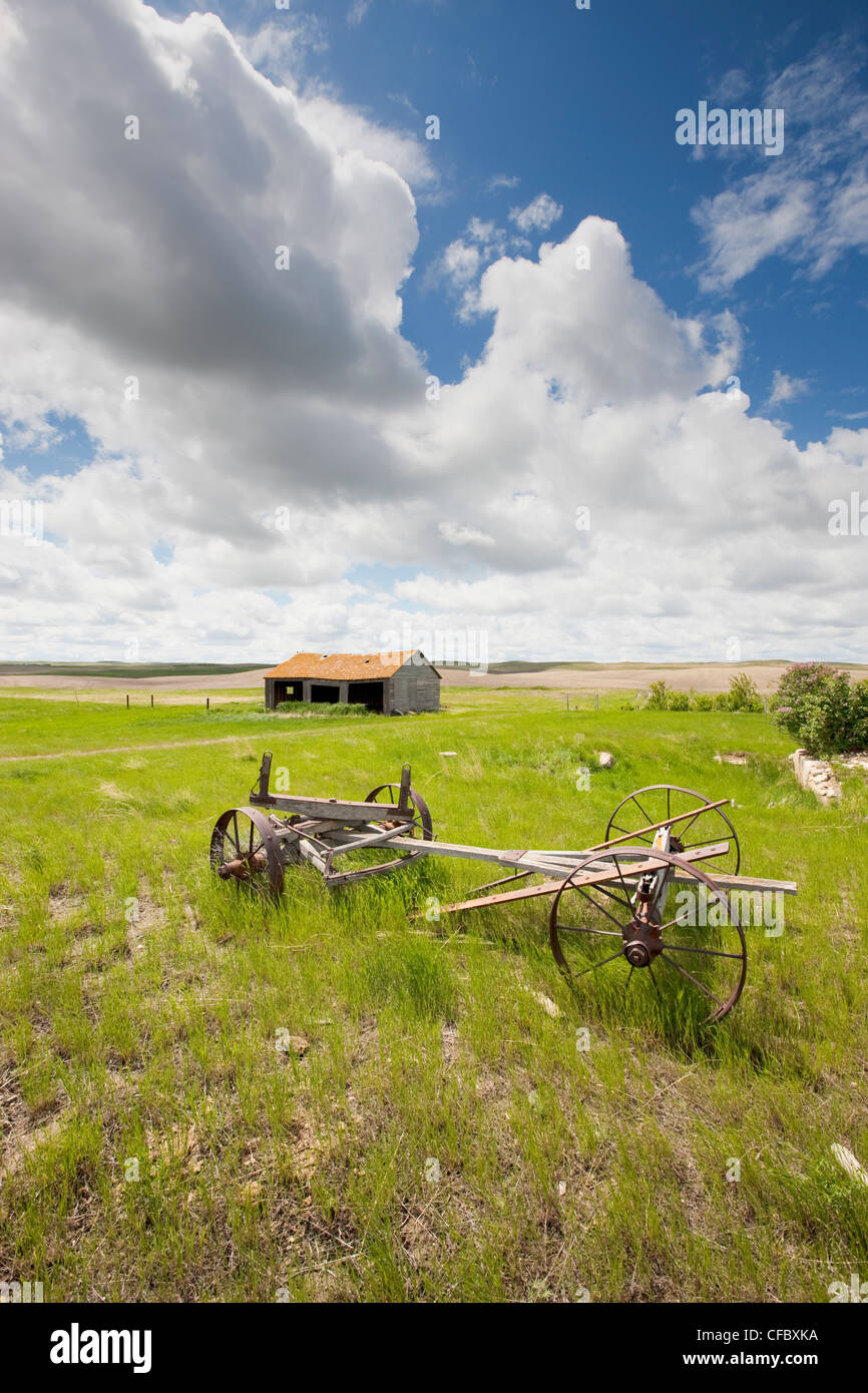 Old wagon on abandoned farm near Val Marie, Saskatchewan, Canada. Stock Photo