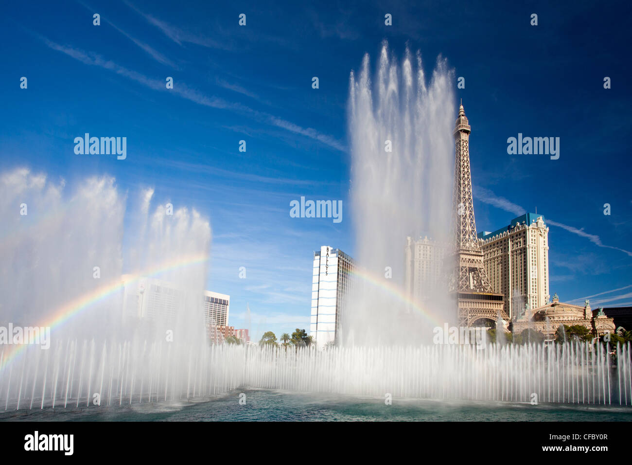 USA, United States, America, Nevada, Las Vegas, City, Bellagio, Fountains, Paris Hotel, Rainbow, Water, casino, Eiffel, fountain Stock Photo