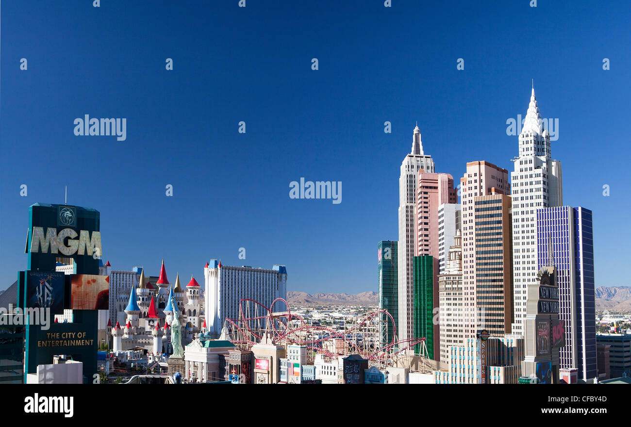 USA, United States, America, Nevada, Las Vegas, City, Strip, MGM, New York New York, Excalibur, Hotels, architecture, busy, casi Stock Photo