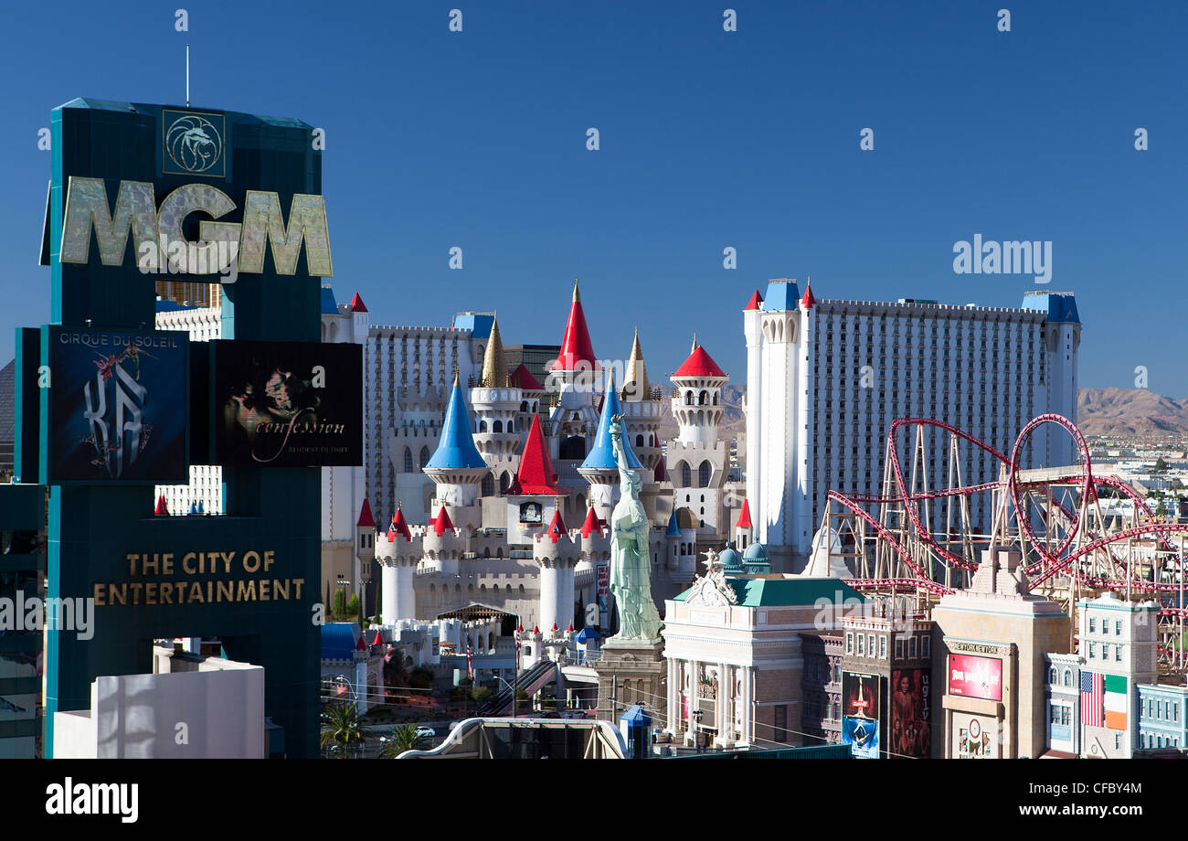 USA, United States, America, Nevada, Las Vegas, City, Strip, MGM, New York New York, Excalibur, Hotels, architecture, lean, busy Stock Photo