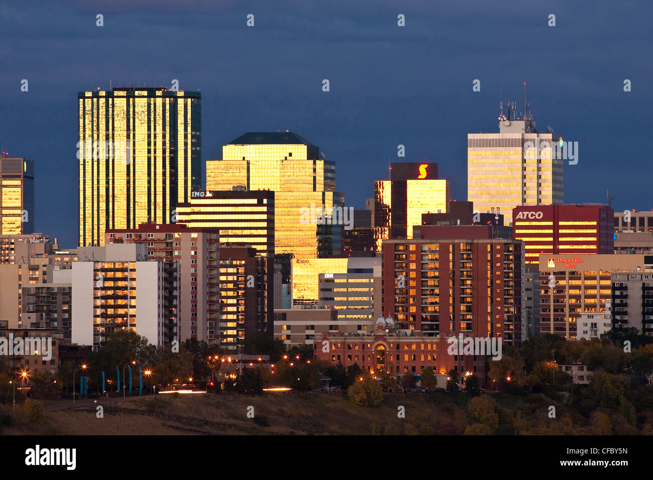 Downtown Edmonton at sunset and passing storm clouds, Edmonton, Alberta. Stock Photo