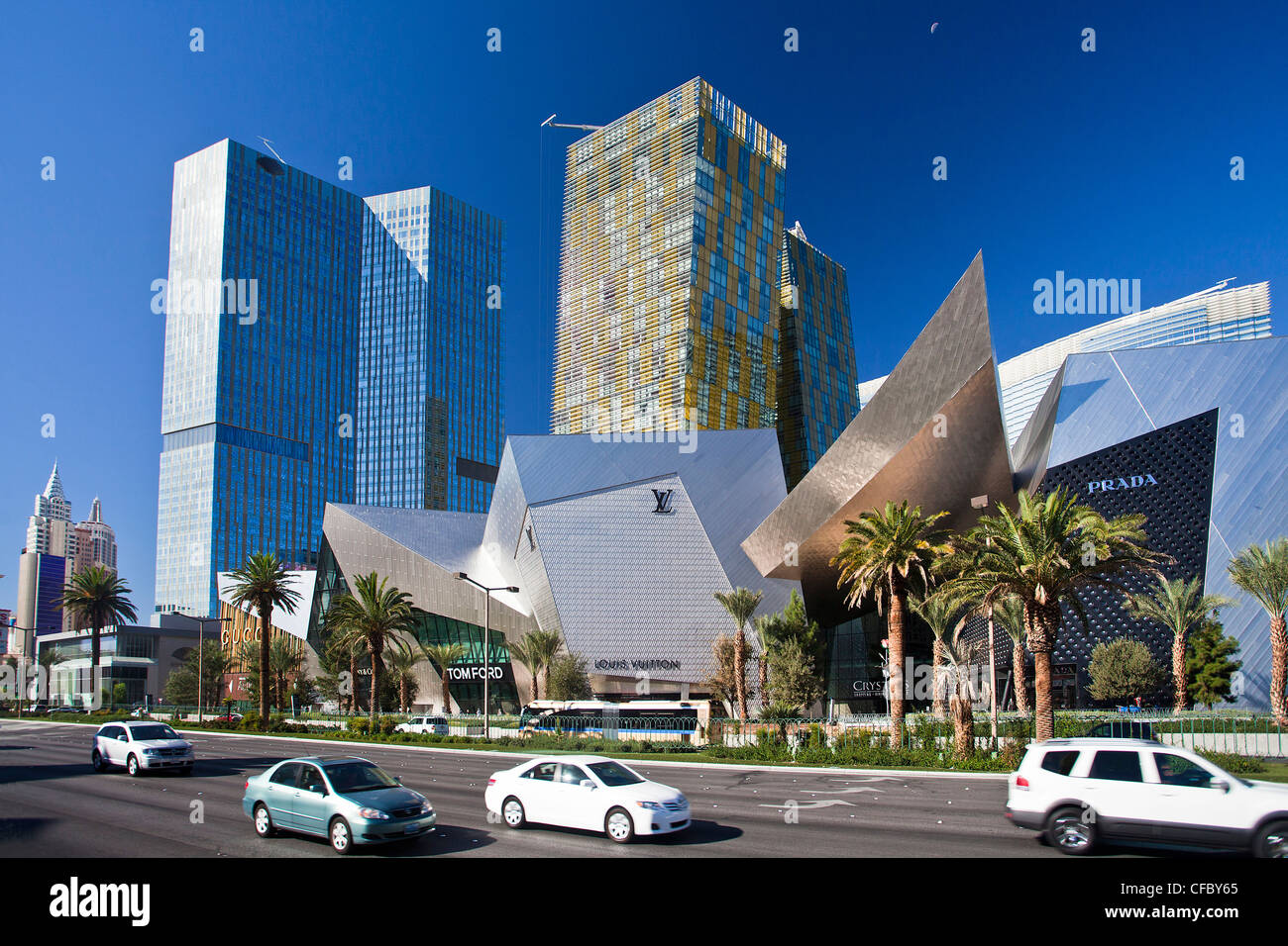 USA, United States, America, Nevada, Las Vegas, City, Strip, Avenue, Crystals Hotel, architecture, lean, busy, cars, casinos, ce Stock Photo