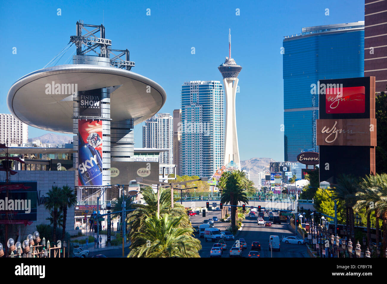 USA, United States, America, Nevada, Las Vegas, City, Strip, Avenue, Stratosphere Tower, architecture, busy, cars, casinos, cent Stock Photo