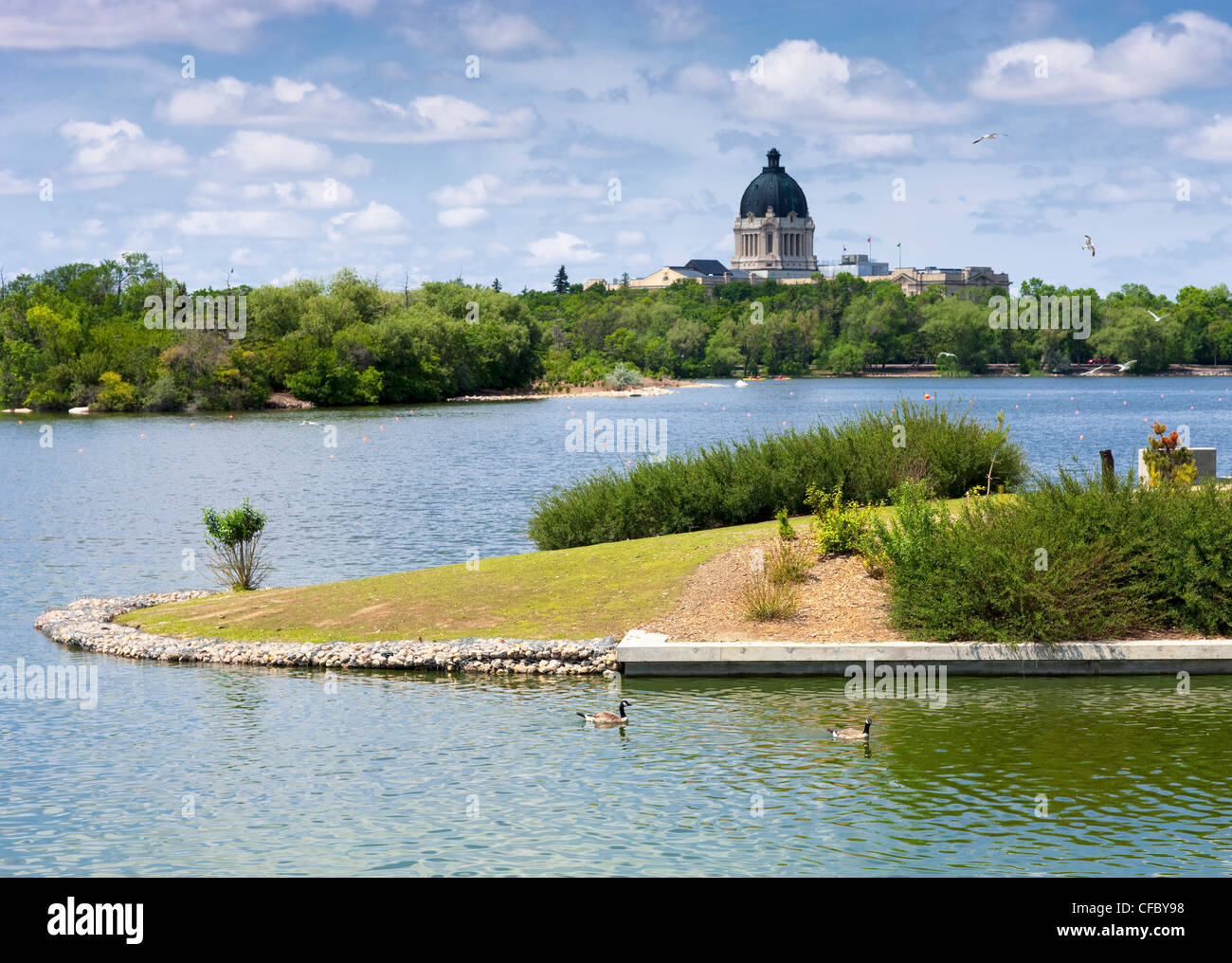 Wascana Lake in Wascana Park with Legislative Building in the background, Regina, Saskatchewan, Canada. Stock Photo